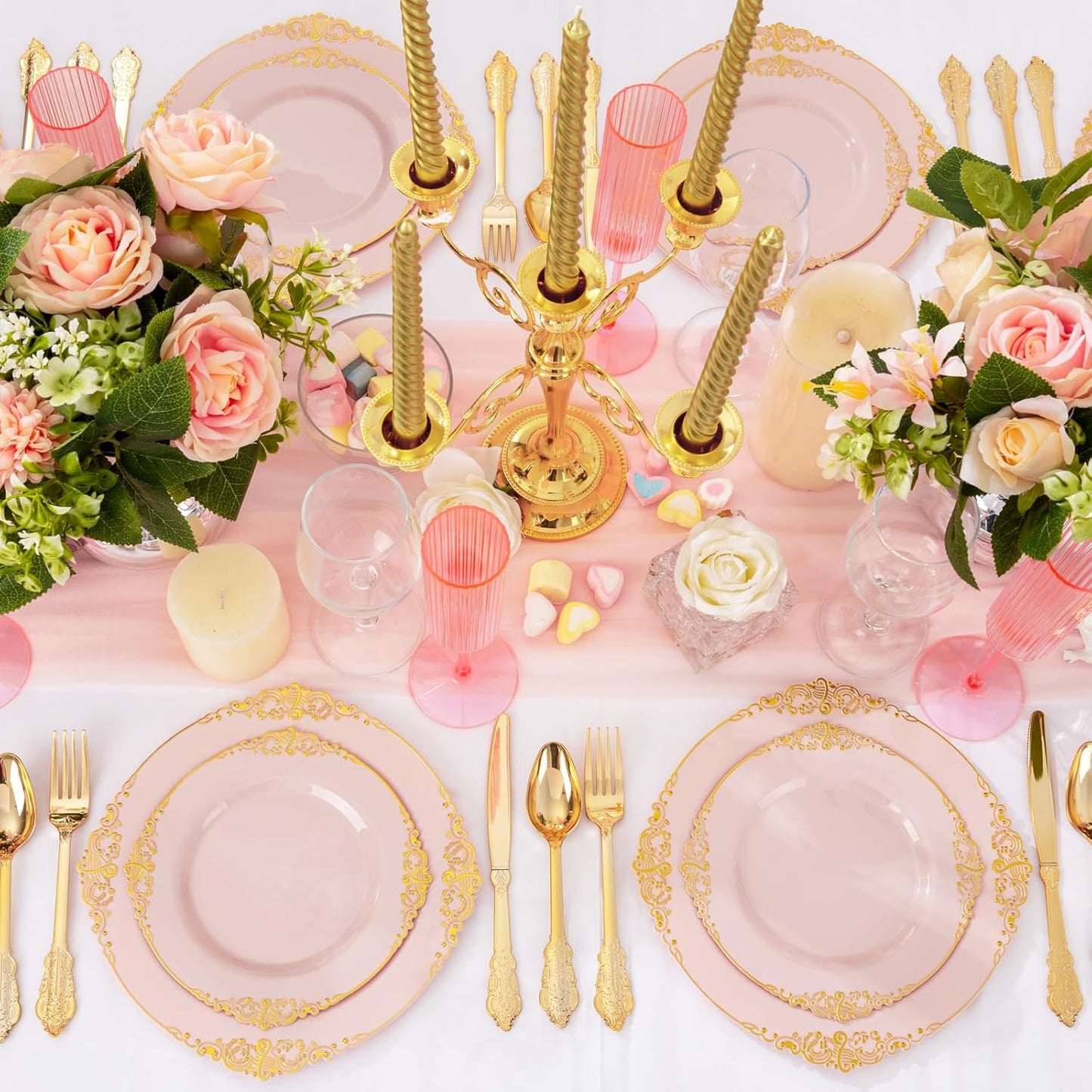 102PCS Pink Plastic Plates - Pink and Gold Plate - Heavyweight Disposable Plate with Gold Rim - Fancy Dinner & Dessert Plates for 51 Guests Weddings & Parties