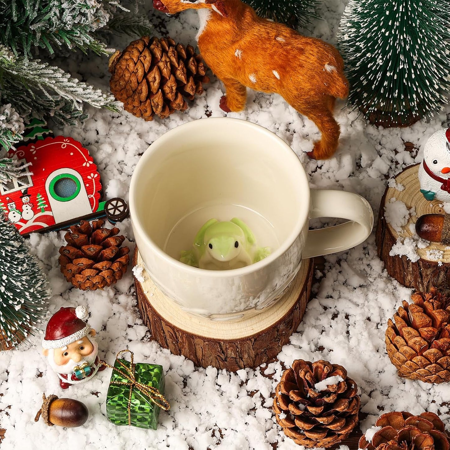 Frog Ceramic Cup Hidden 3D Animal Inside Mug,Cute Cartoon Handmade Figurine Mug,Christmas Birthday Surprise for Friends Family or Kids (Cream Frog)