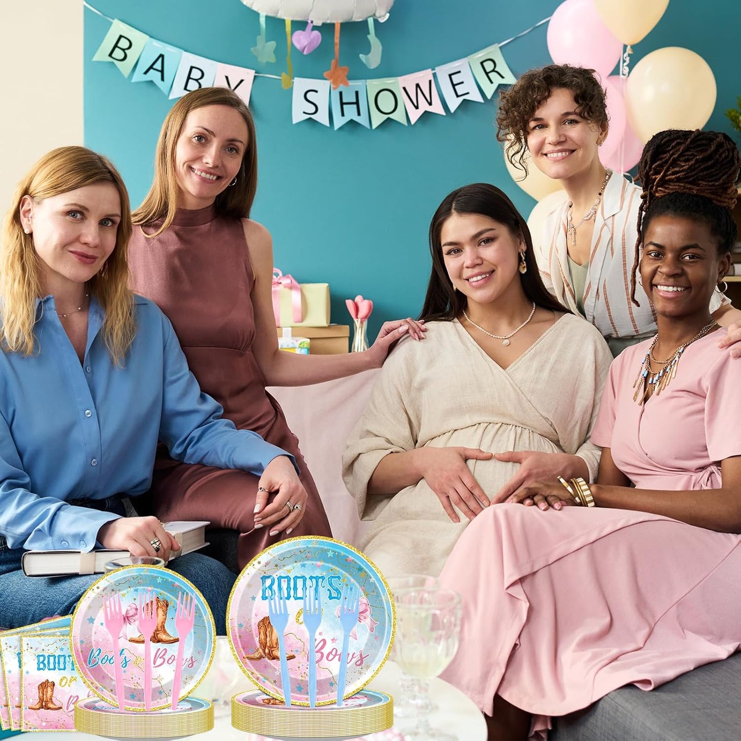 Boots or Bows Decorations - 96 Pcs Gender Reveal Party Plates Napkins Forks Tableware Set, Pink Blue Paper Disposable Party Supplies Decor Kit for Baby Shower Boy or Girl Serve 24 Guests