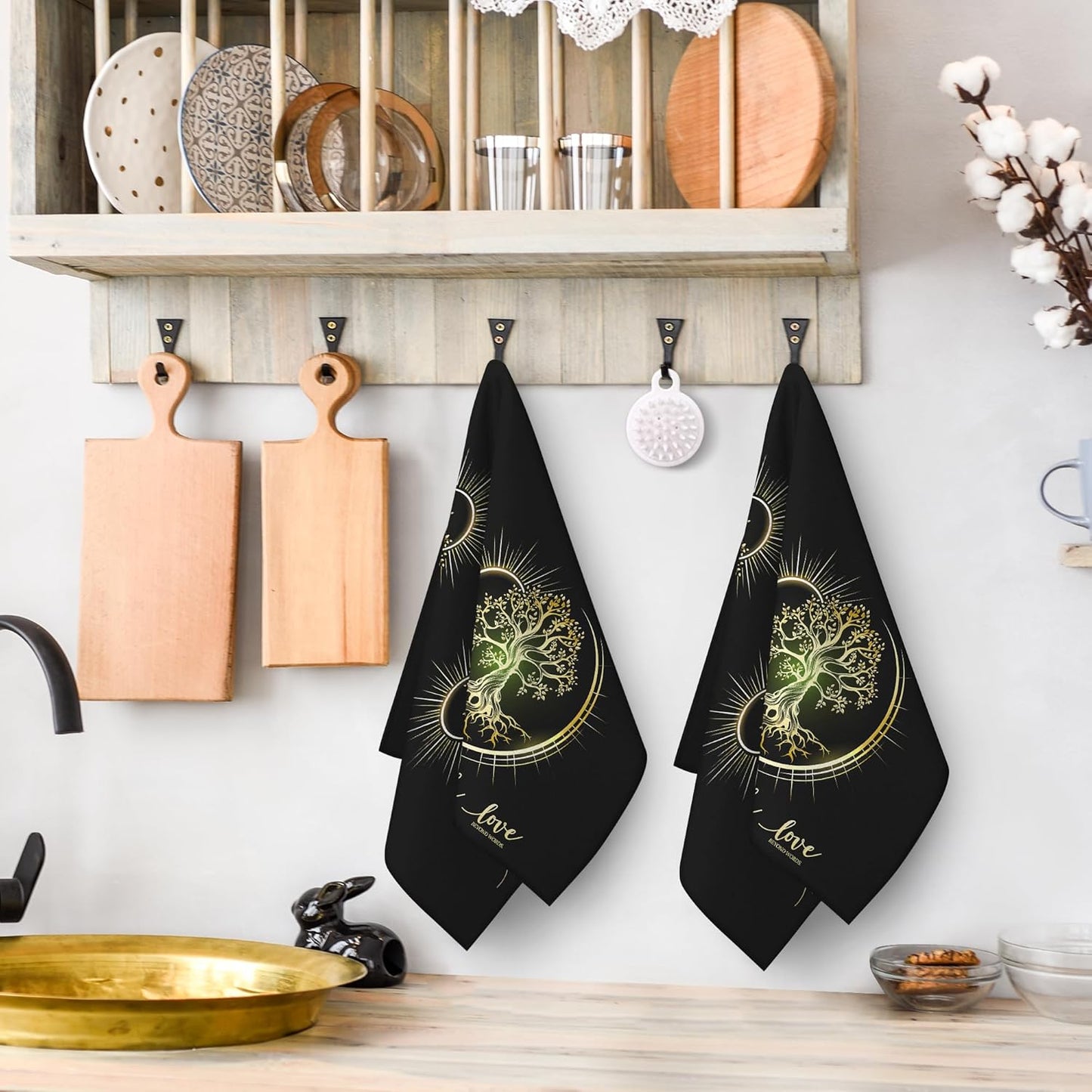 Live Laugh Love Kitchen Towels Decorative Set of 2, Absorbent Tree Life Tea Towels Hand Towels for Kitchen,Hippie Witchy Kitchen Decor Aesthetic,Cute Moon Dish Towels for Kitchen Drying