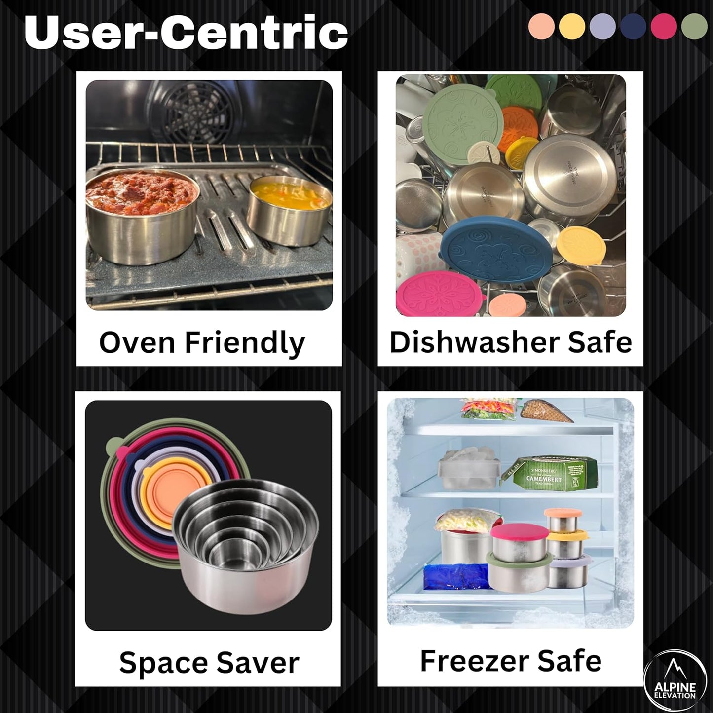 12 Pcs - 6 Stainless Steel Containers + 6 Silicone Lids | 304 Stainless Steel Snack Container | Nesting Snack and Dip Containers | Metal Food Storage