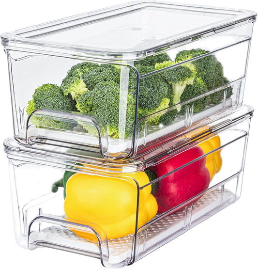 Pull Out Fridge Organizer Drawer, Stackable Refrigerator Storage Bins with Drain Tray and Lid, Clear Fruit and Vegetable Storage Containers Box, for Kitchen Freezer, 2-Pack
