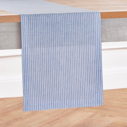 Solino Home Linen Striped Table Runner 144 Inches Long - Narrow Stripe 100% Pure Linen Cornflower Blue and White Dining Table Runner 14 x 144 Inch