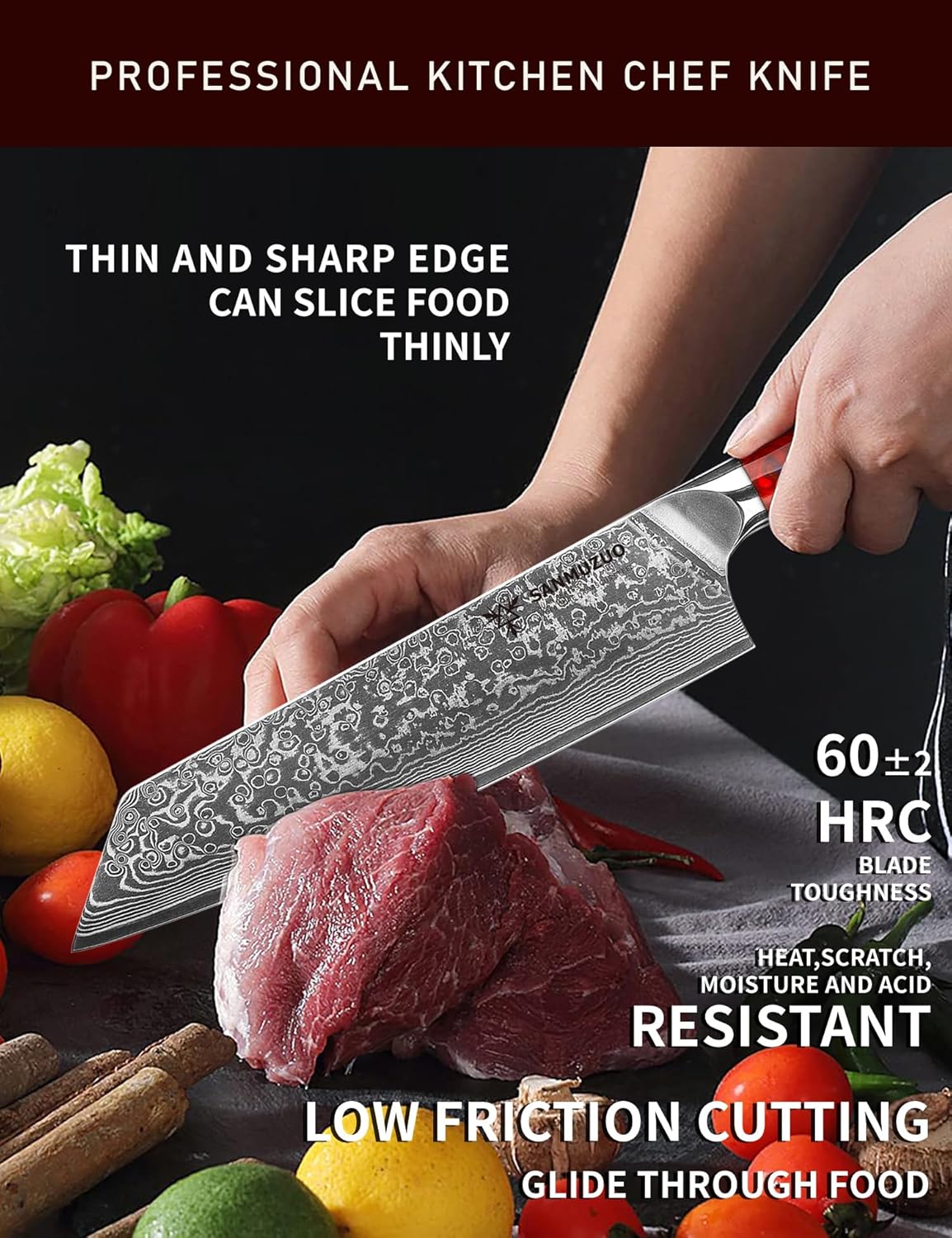 8.5 inch Kiritsuke Kitchen Chef Knife - 67 Layers Damascus Steel & Resin Handle - Xuan Series(Sunset Red)