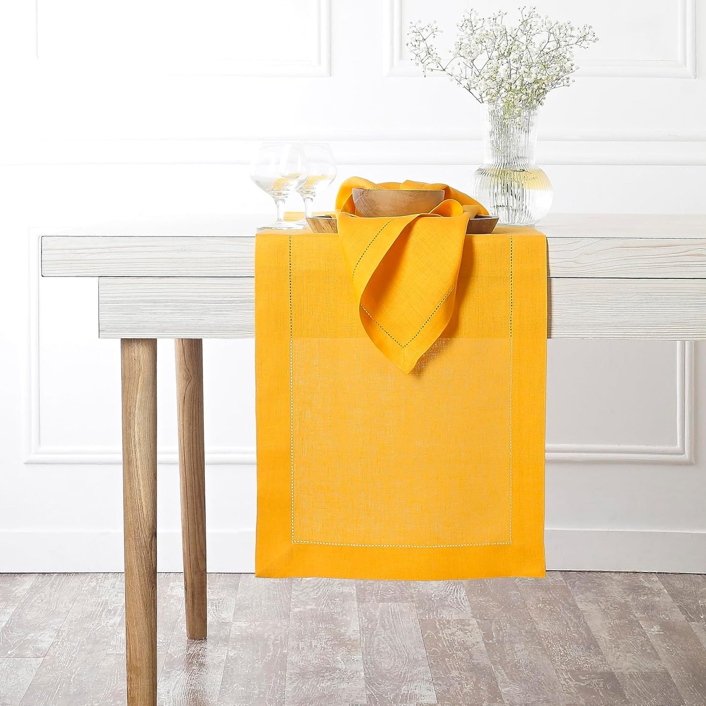 D'Moksha Homes Linen Sunflower Yellow Table Runner 120 Inches Long - 100% Pure Linen Hemstitch 14 x 120 Inch Table Runner for Dining, Fall, Autumn and Halloween - Classic Hemstitch
