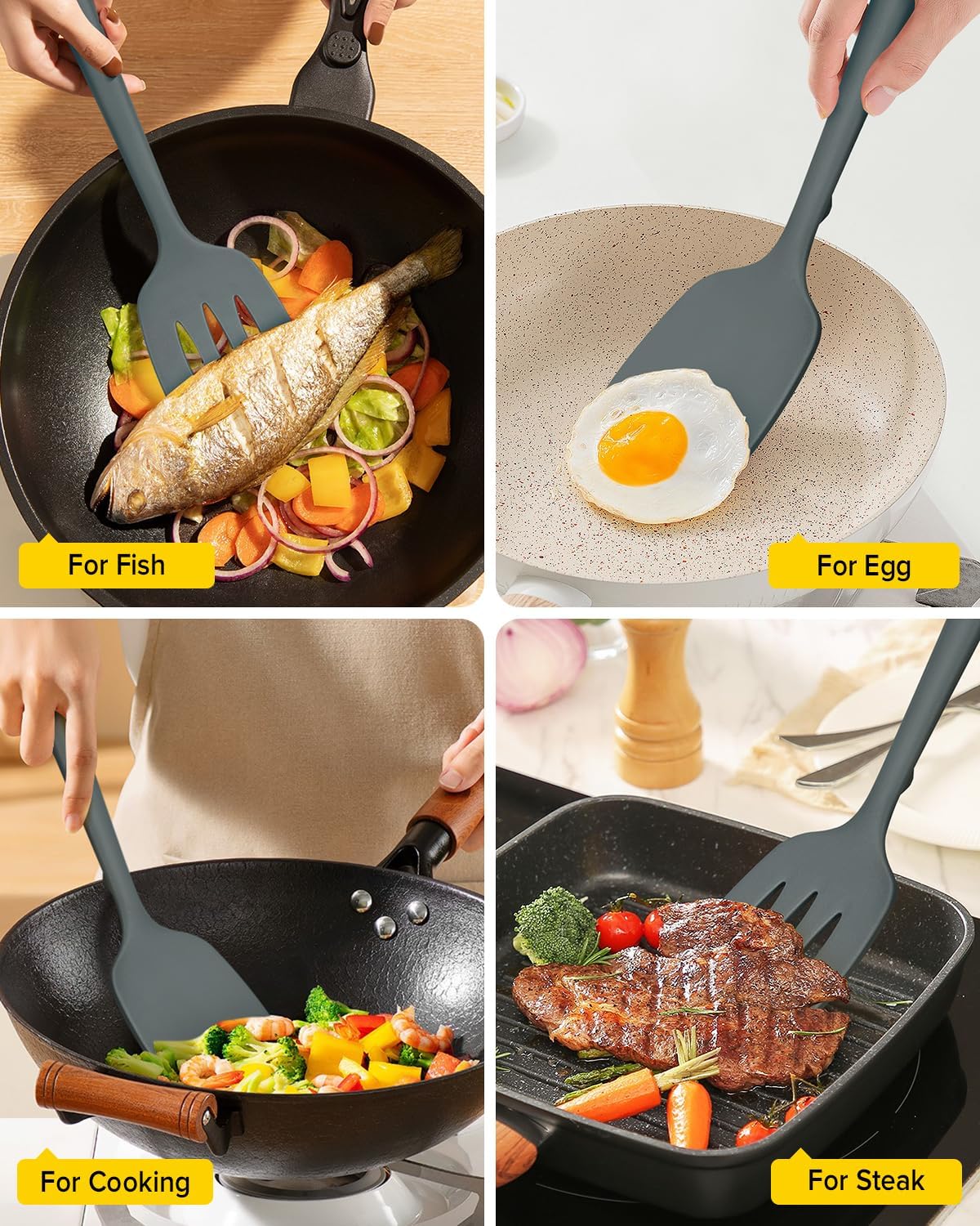 Pack of 2 Silicone Spatula Turners, Non Stick Slotted Kitchen Spatula Set, Heat Resistant BPA Free Kitchen Utensils, One-Piece Design, Suitable for Flipping Fish, Eggs, Steak, Pancakes(GRAY)