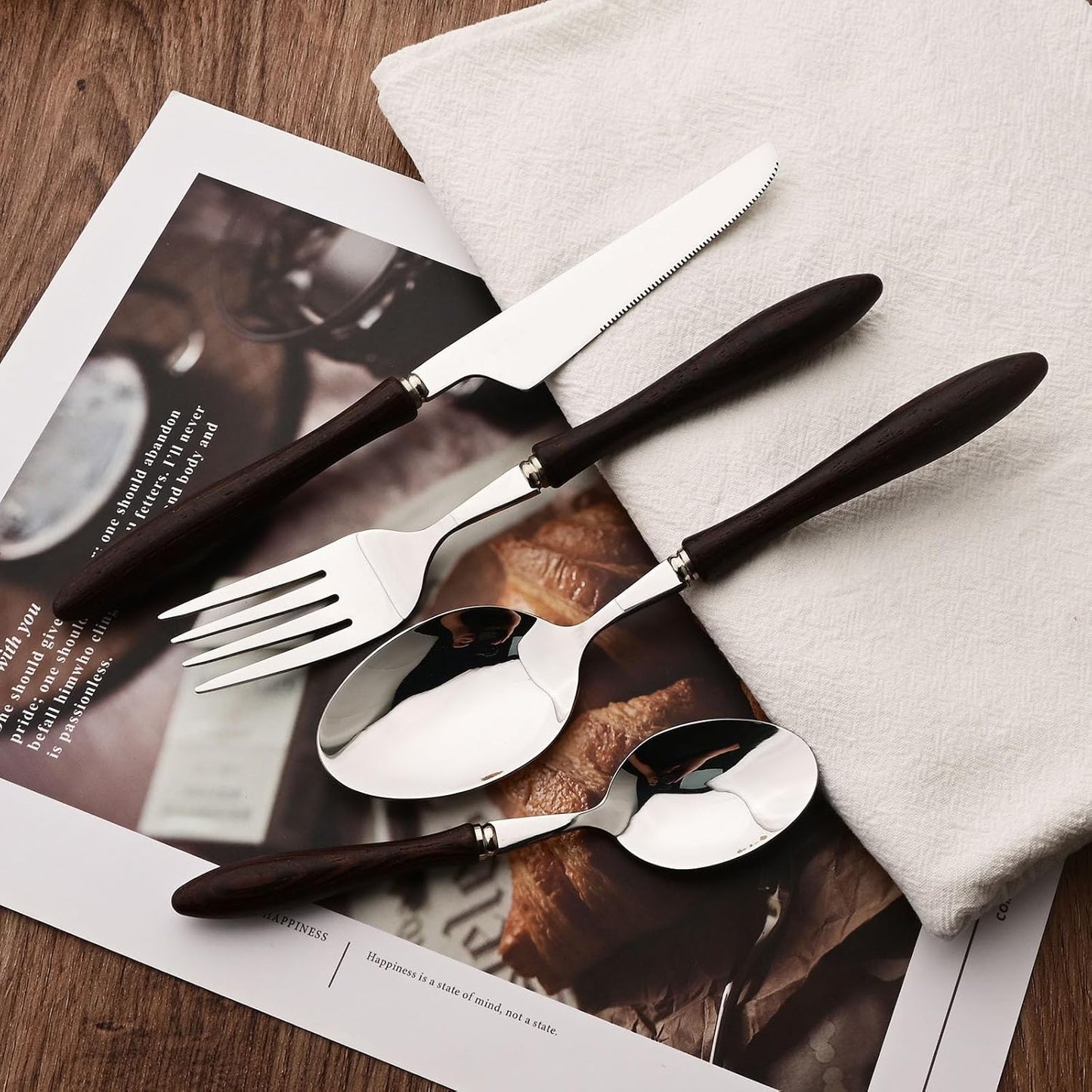 304 Stainless Steel Flatware Silverware Set with Wooden Handles, Rustic Tableware Cutlery Set for 6, Natural Wood Grain Knives Forks Spoons Set, (24 PCS, Wenge Wood Handle)