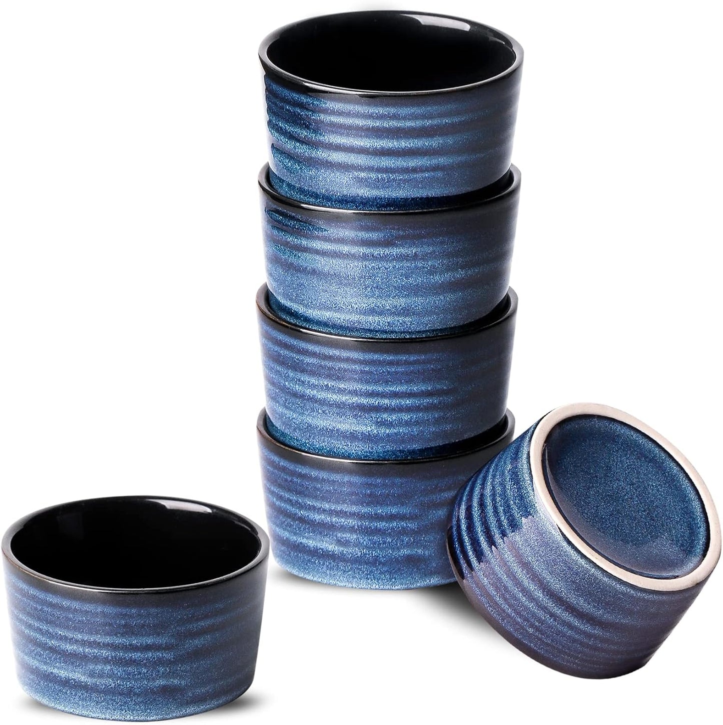 Hasense 4 oz Ramekins Oven Safe,Ceramic Creme Brulee Dish for Baking Set of 6,Porcelain Dipping Sauce Bowls for Pudding, Souffle,Serving Dip,Custard,Ice Cream(Blue)