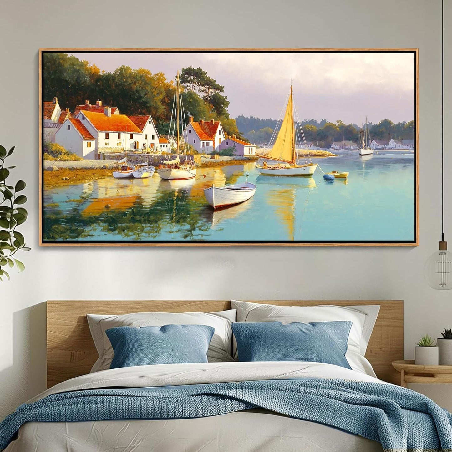 AJAZIKO Coastal Wall Art - Rustic Ocean & boat Canvas Art for Living Room & Bedroom Decor - Framed Landscape Artwork for Walls - Italian Farmhouse & Country Wall Decor Print Pictures29x58IN