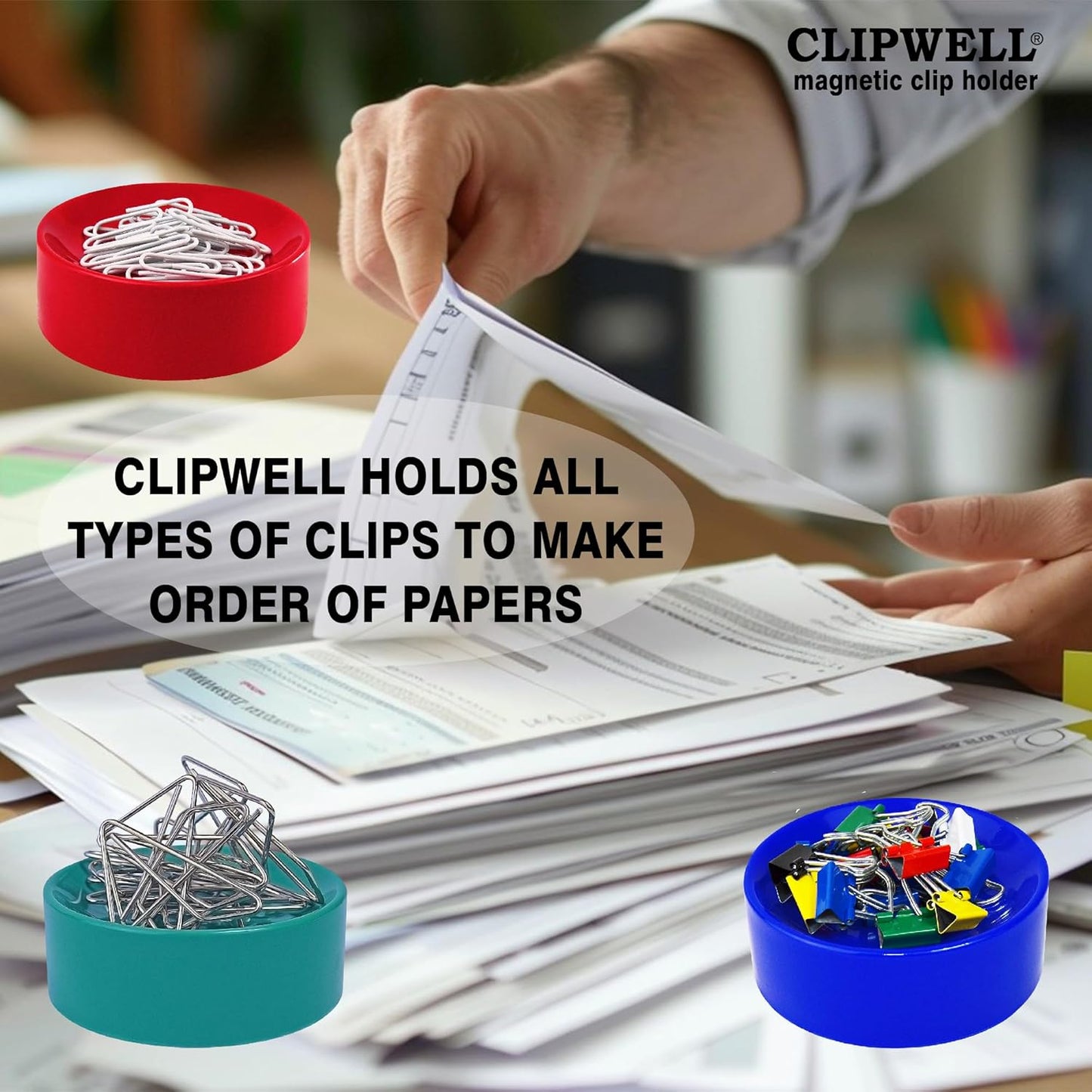 Clipwell Magnetic Paper Clip Holder - Easy Toss & Pick-Up - Holds Various Metal Parts - Powerful Sweep-Up Magnet - Ideal Locker Accessory & Home & Office Organizer - Blue