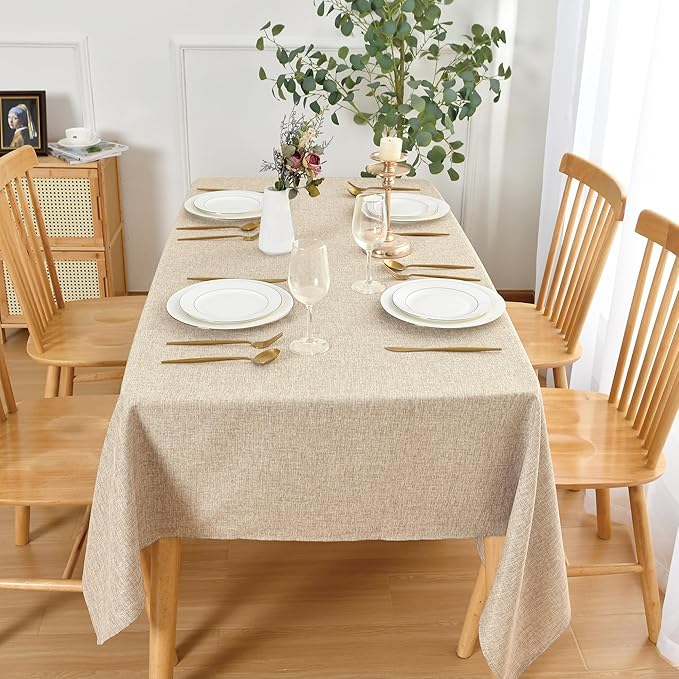 JIUZHEN Faux Linen Rectangle Tablecloth, Wrinkle Stain Resistant Farmhouse Textured Table Cloth Decorative Fabric for Kitchen, Dining, Party, Wedding,Outdoor Use,70 x 90 Inch,Beige