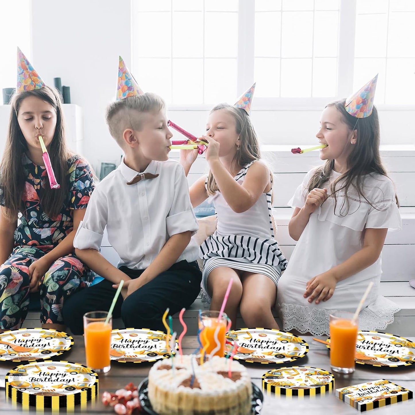 100 Pcs Construction Truck Party Tableware Set – Disposable Vehicle Theme Plates, Napkins, and Forks for Boys Birthday Parties and Truck-Themed Celebrations – Serves 25