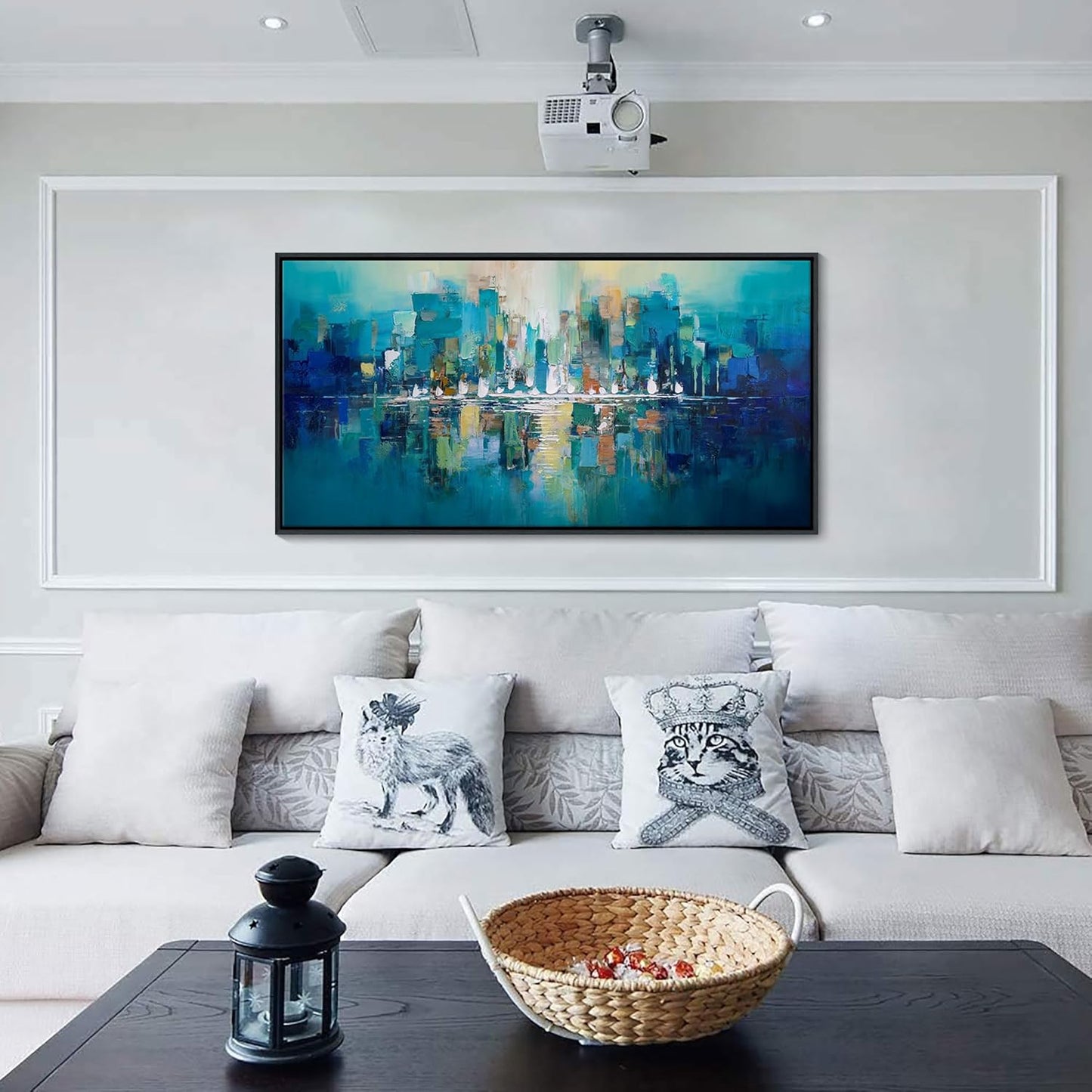 Large Wall Art for Living Room - Abstract Wall Decor Framed Picture Artwork for Wall Decorative Paintings Teal and White Modern Office Bedroom Art