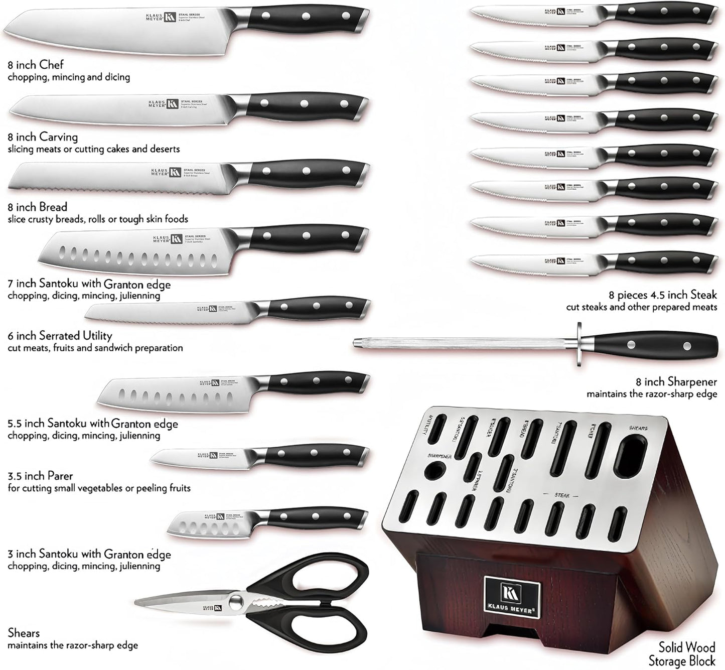 Klaus Meyer Stahl 19 Piece High Carbon Exclusive German Steel Knife Block Set (Black)