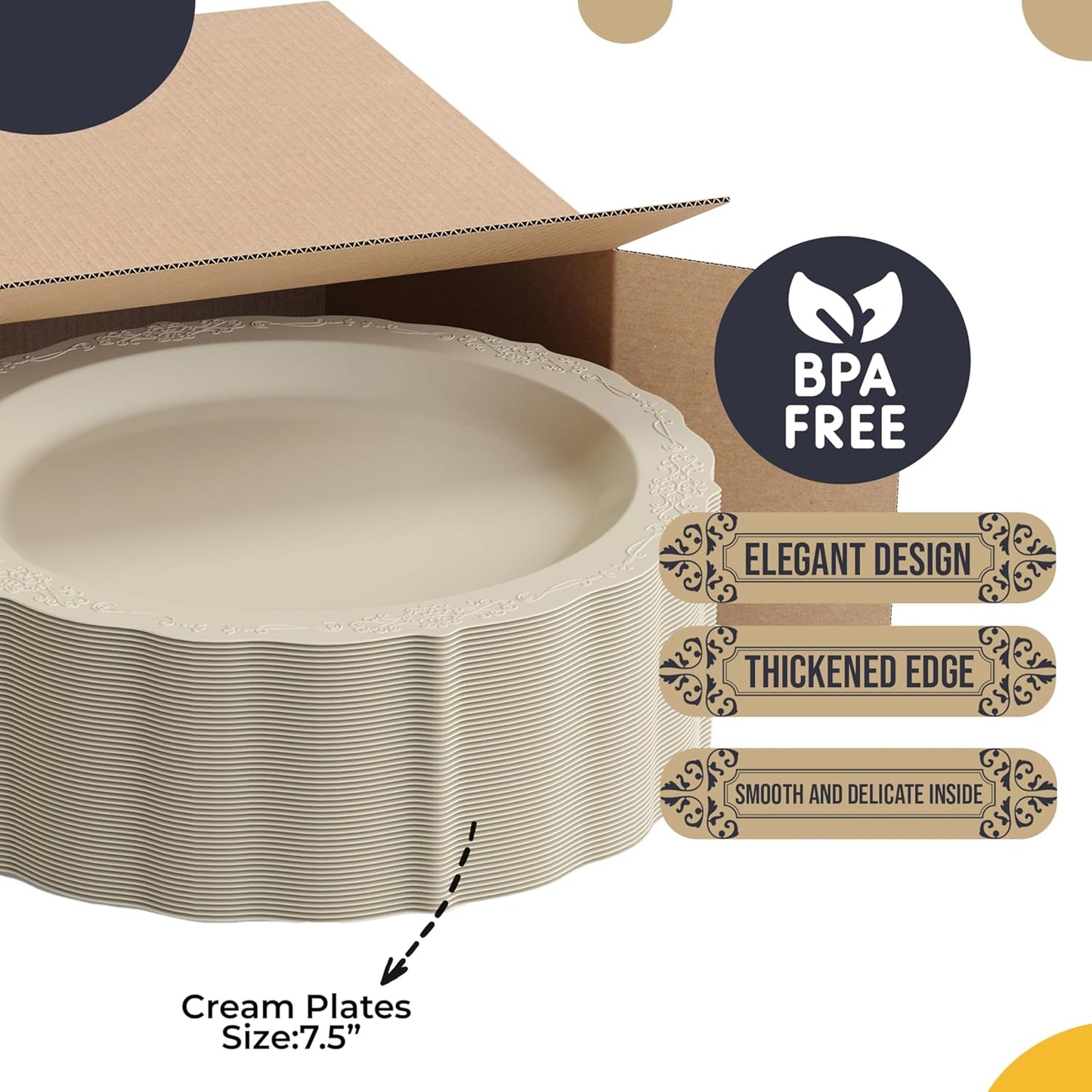 Exquisite Victorian 60-Piece Plastic Disposable Dinnerware Set - 60 x 7.5 inch Cream Plates for Party of 60 Guests