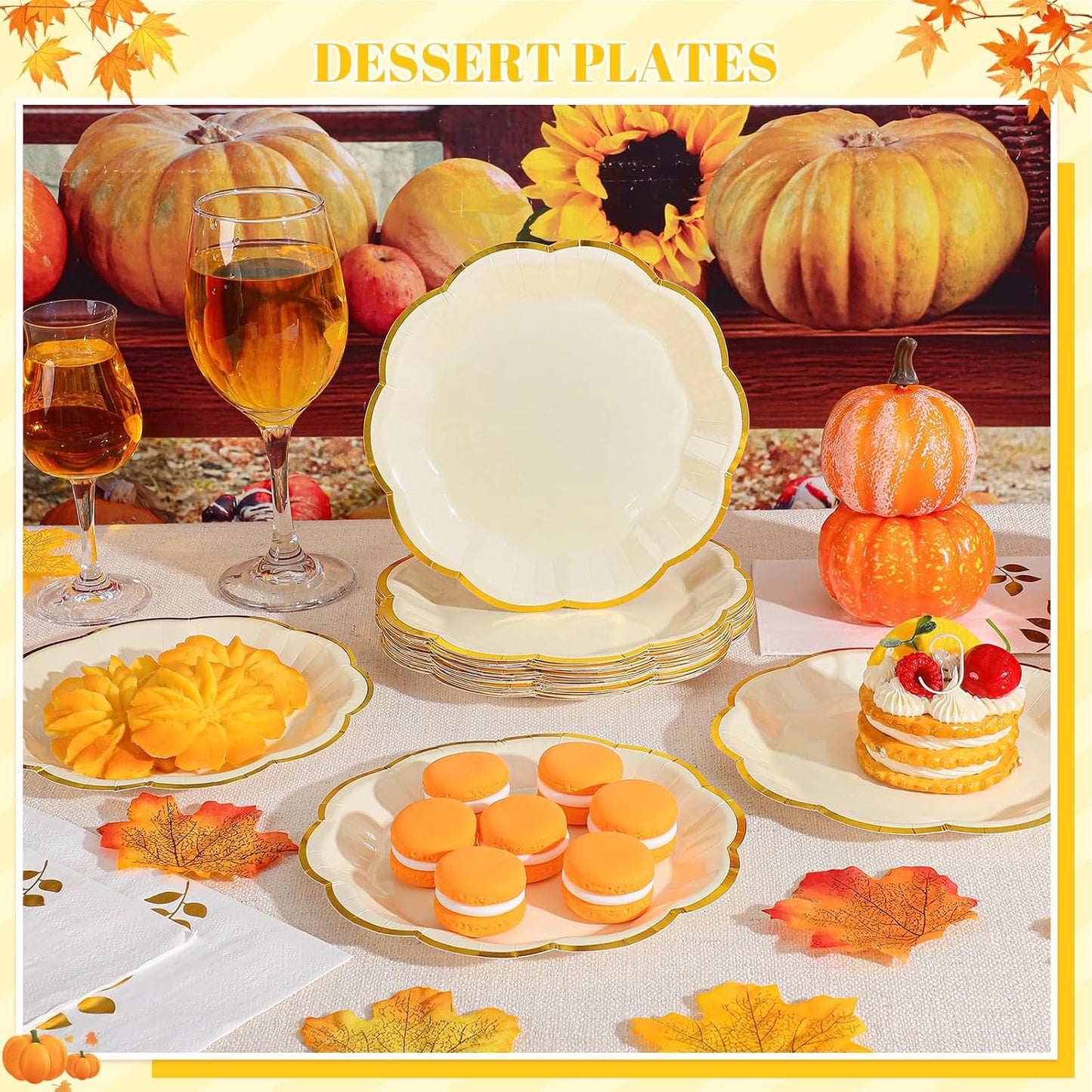 30 Pcs Thanksgiving Paper Plates, 7 Inch Ivory Paper Plate with Gold Trim Cute Beige Disposable Scalloped Plates for Friendsgiving, Baby Shower, Wedding