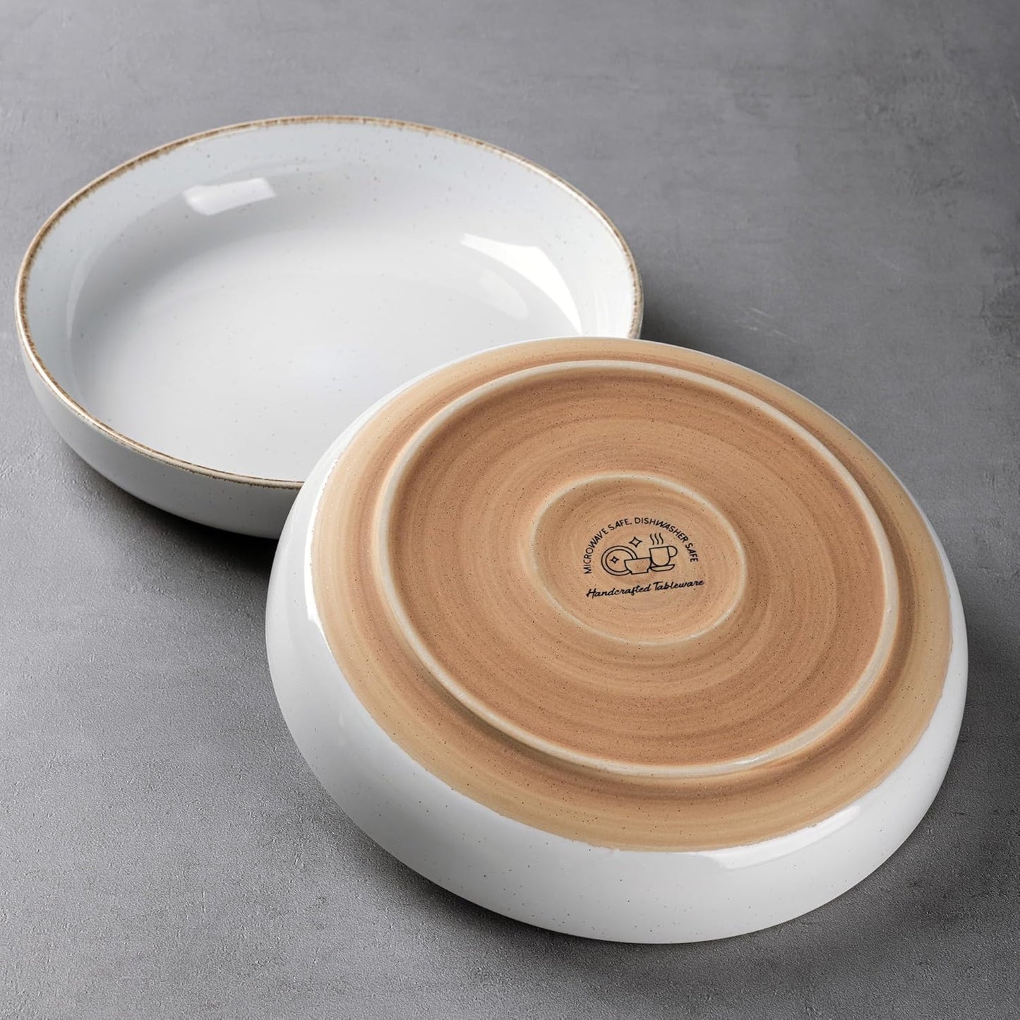 AmorArc 8.75'' Large Ceramic Pasta Bowls, 36oz Handpainted Stoneware Bowls Set of 4, Microwave&Dishwasher Safe Bowls with Wavy Rim&Rustic Terracotta Underside for Pasta Salad, White-Handbrush Rim