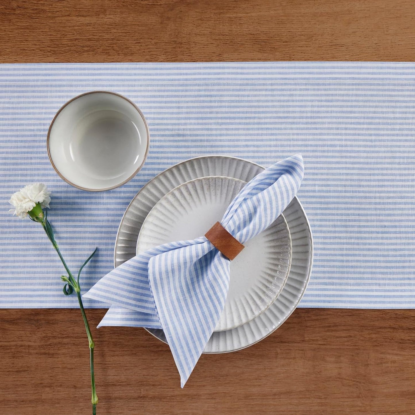 Solino Home Linen Table Runner 90 Inches Long - Narrow Stripe, 100% Pure Linen Cornflower Blue and White Farmhouse Table Runner 14 x 90 Inch for Dining