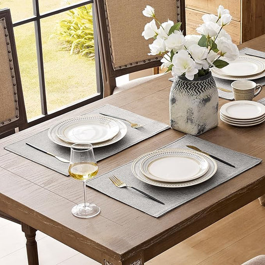 Romanstile Cloth Placemats Set of 6-12 x 18 Inch, Heat Resistant Double Layered Thickened Burlap Place Mats, Washable Linen Farmhouse Table Mats for Kitchen/Dining/Party/Outdoor, Light Grey
