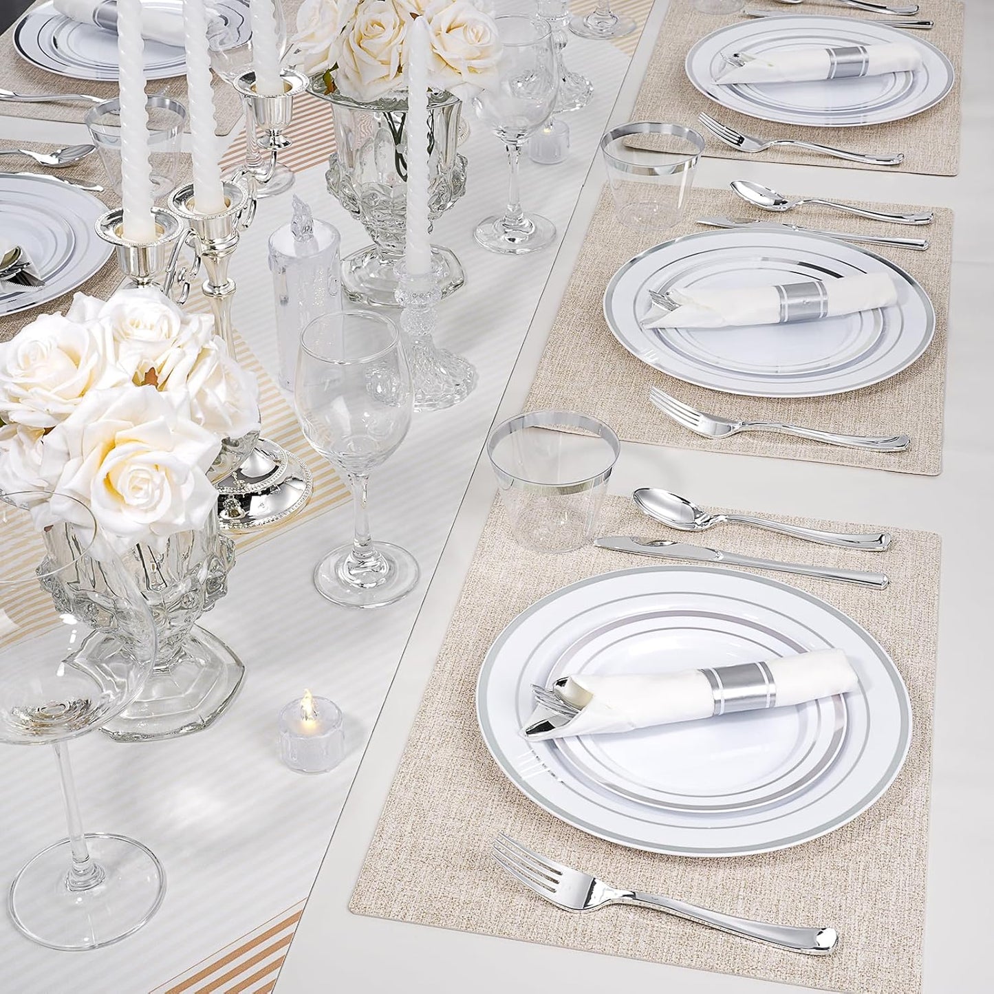 350 PCS White and Silver Plastic Dinnerware Set for 50 Guests, 100 Disposable Plates for Party, 50 Pre Rolled Napkins with Silver Silverware, 50 Cups