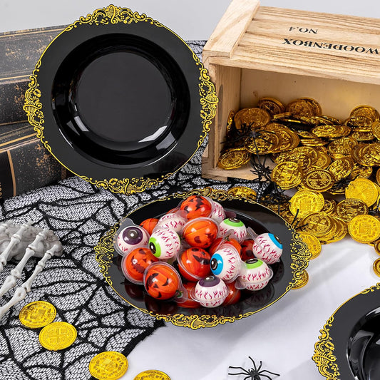 100PCS Black Plastic Bowls - 12 oz Black Gold Disposable Salad Bowls - Heavy Duty Soup Serving Bowl - Fancy Plastic Candy Bowl for Weddings, Parties, Dinners, Catering, Picnics, Halloween Party