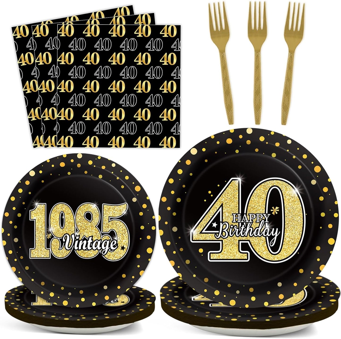 ZOIIWA 40th Theme Bithday Party Tableware Vintage 1985 Party Supplies 40 Year Old Birthday Decorations Plates Napkins Forks Black and Gold Dinnerware Favors for Men or Women