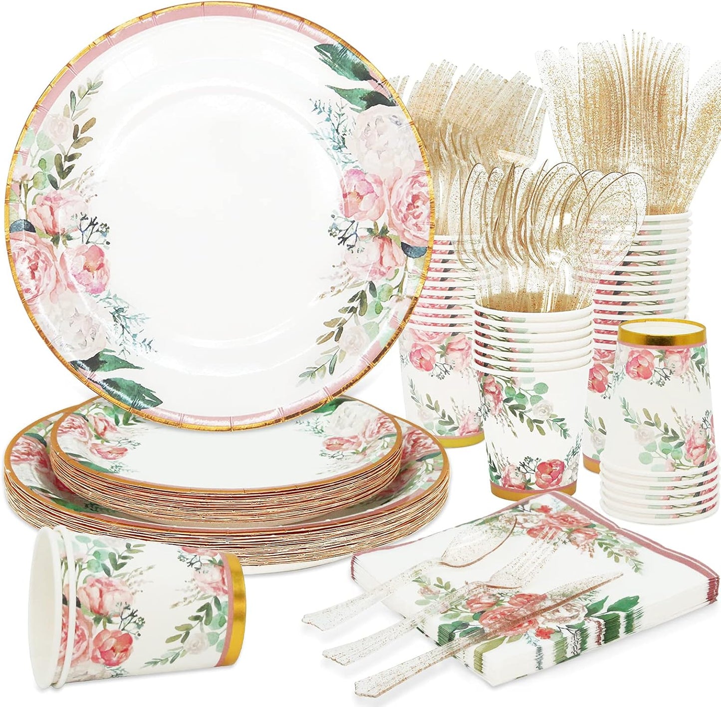 Floral Party Supplies - Bridal Shower Paper Plates & Napkins Set for 24 Guests - Disposable Dinnerware: Plates, Cups, Cutlery for Baby Shower, Tea Party