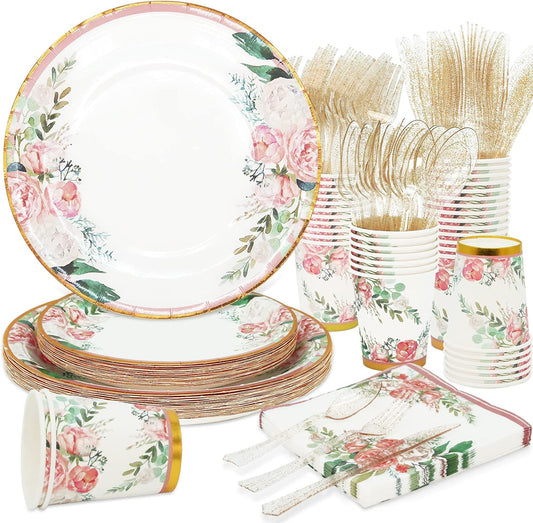 Floral Party Supplies - Bridal Shower Paper Plates & Napkins Set for 24 Guests - Disposable Dinnerware: Plates, Cups, Cutlery for Baby Shower, Tea Party