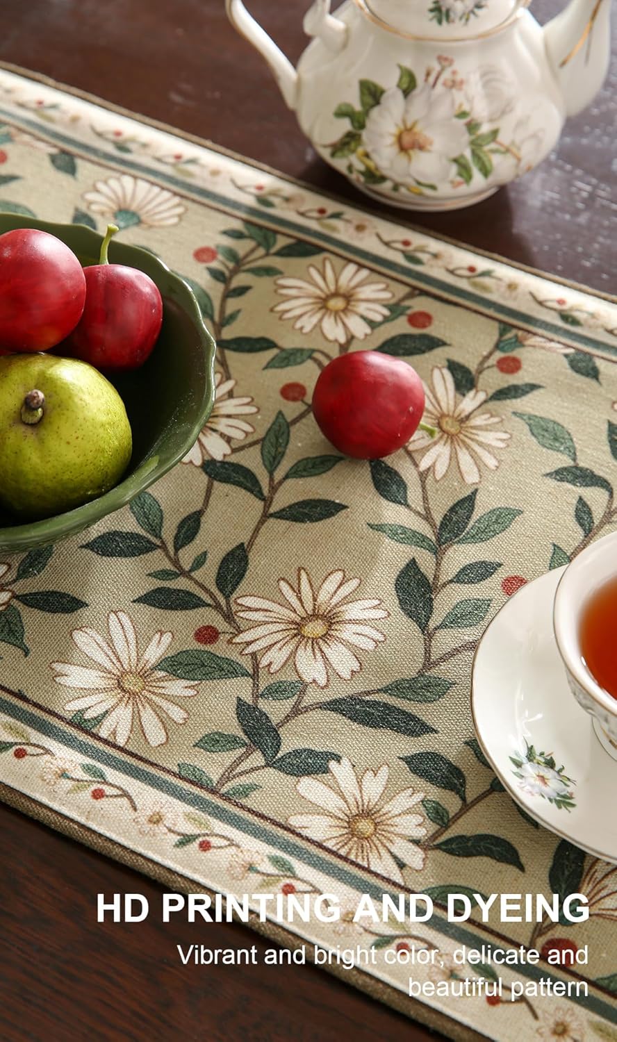 ISAENNE Designer Green Elegant Linen Table Runner 87 Inches Long,Flower and Leaves Pattern Wrinkle Resistant Table Runners for Dining Tables,Thanksgiving,Kitchen Tables,Christmas,12"*87"-Brune