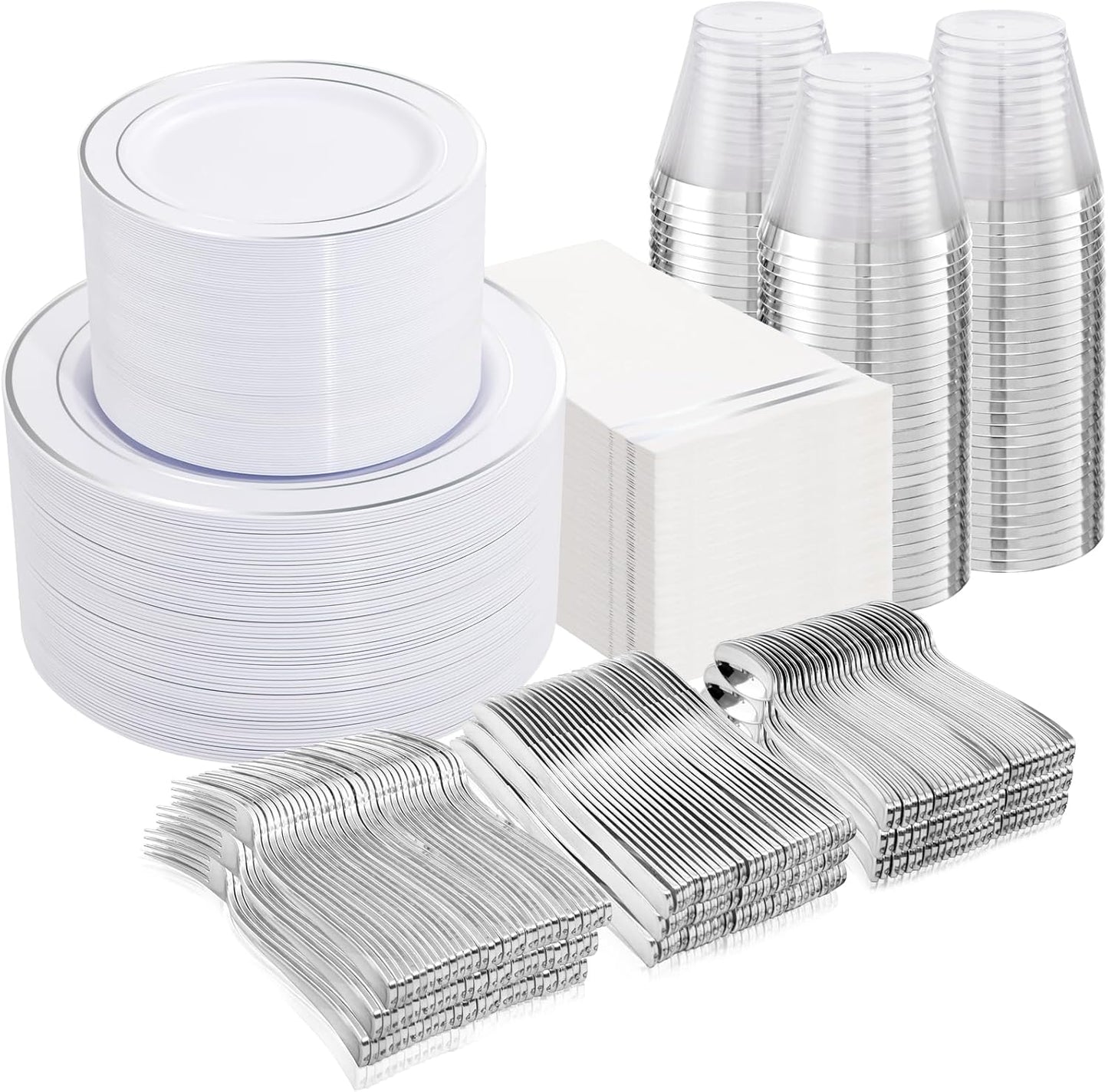 NOCCUR 700PCS Silver Plastic Plates Disposable for 100 Guests - Include 100 Dinner/Dessert White Plastic Plates with Silver Trim,300 Cutlery,100 Cups,100 Napkins for Party&Christmas