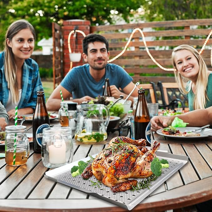 Grill Pan, Nonstick Grill Topper for Outdoor Grilling, Perforated BBQ Tray with Handles for Vegetable, Fish, Meat, Seafood (15x11)