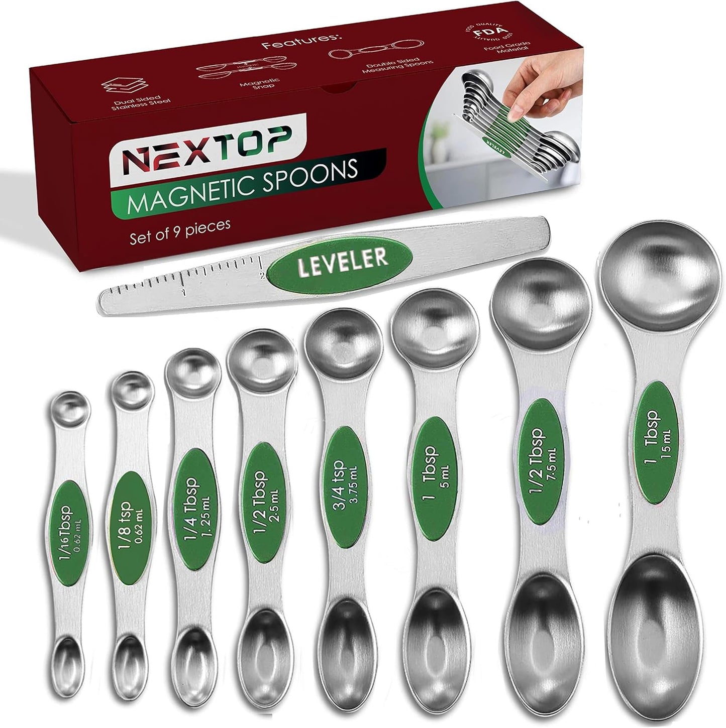 Magnetic Measuring Spoons Set of 9 Stainless Steel Dual-Sided Stackable Measuring Spoon Nesting Teaspoons Measuring Dry and Liquid Ingredients, Fits in Spice Jars Set of 9 (Green)