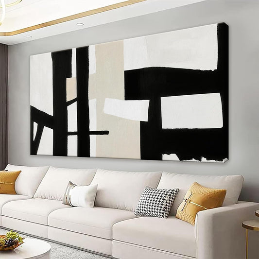 QSQ Large Abstract Wall Art, 29 x 58 Inch, Modern Painting, Black White, Living Room, Office, Bedroom Decor