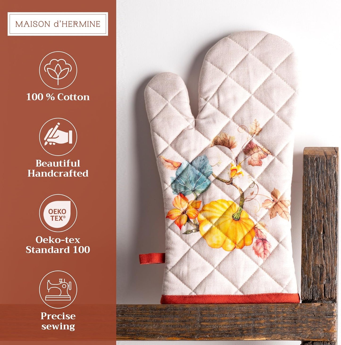 Maison d' Hermine Oven Gloves 100% Cotton Oven Mitt 7" x 13" with Loop Heat Resistant BBQ Cooking Gloves for Thanksgiving Christmas Decorations Baking Handling Hot Pans (Pack of 1, Potiron)