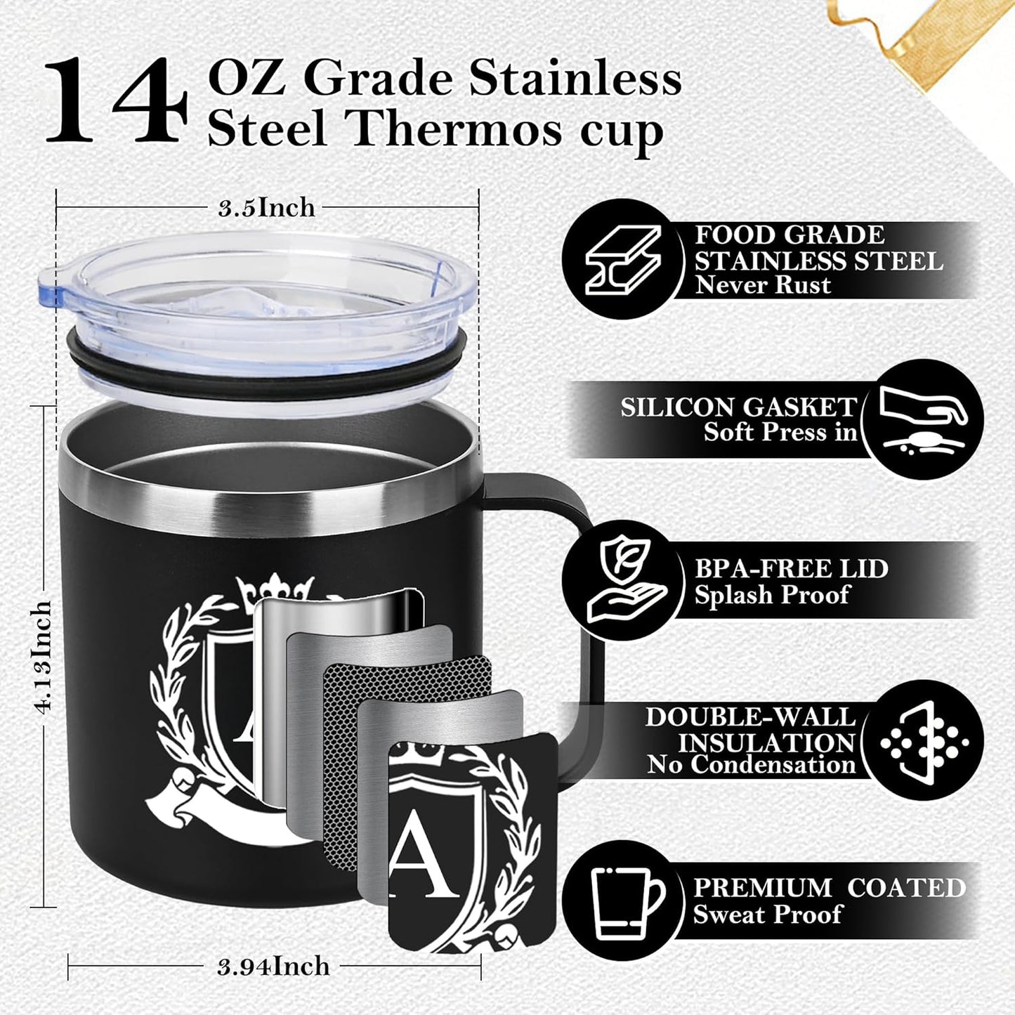 MNZZ 14 Oz Insulated Coffee Mug with Lid Handle Stainless Steel Spill Leak Proof Heavy Large Reusable Thermal Gift Him Wedding Tea Cup Day Valentines Camping Big Water Tumbler