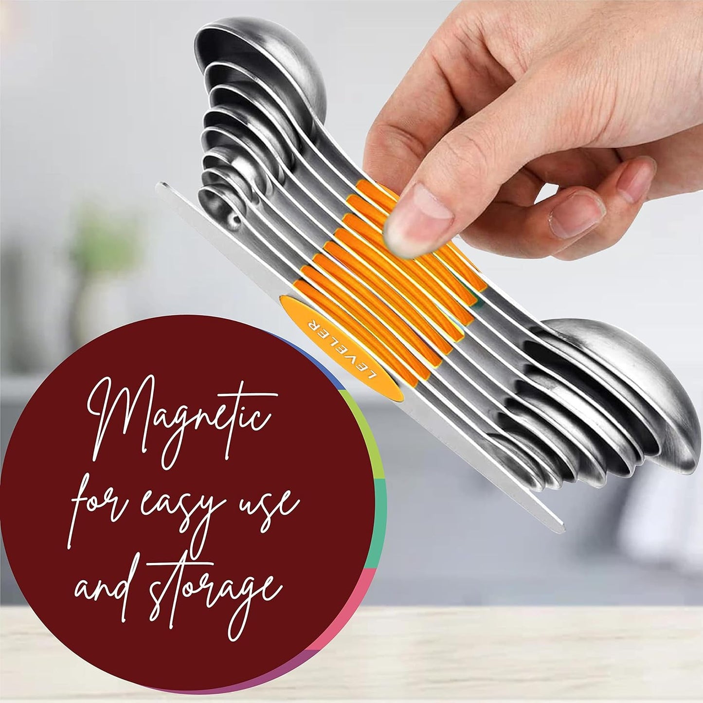 Magnetic Measuring Spoons Set of 9 Stainless Steel Dual-Sided Stackable Measuring Spoon Nesting Teaspoons Measuring Dry and Liquid Ingredients, Fits in Spice Jars Set of 9 (Orange)
