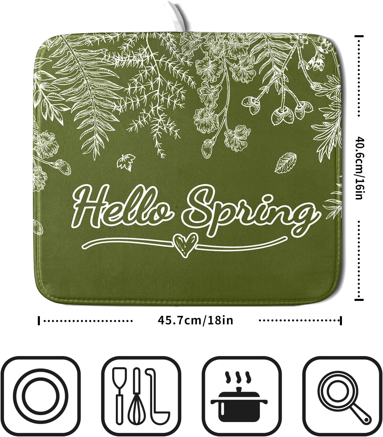 Spring Dish Drying Mats 16x18 Inch,Sage Green Leaves Seasonal Absorbent Microfiber Dishes Drainer Rack Mat Fast Dry Drying Pad for Countertop Table Sink Kitchen Decor Accessories