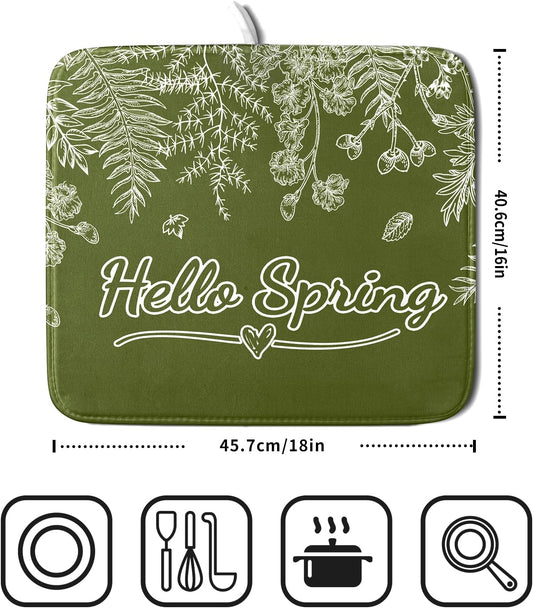 Spring Dish Drying Mats 16x18 Inch,Sage Green Leaves Seasonal Absorbent Microfiber Dishes Drainer Rack Mat Fast Dry Drying Pad for Countertop Table Sink Kitchen Decor Accessories