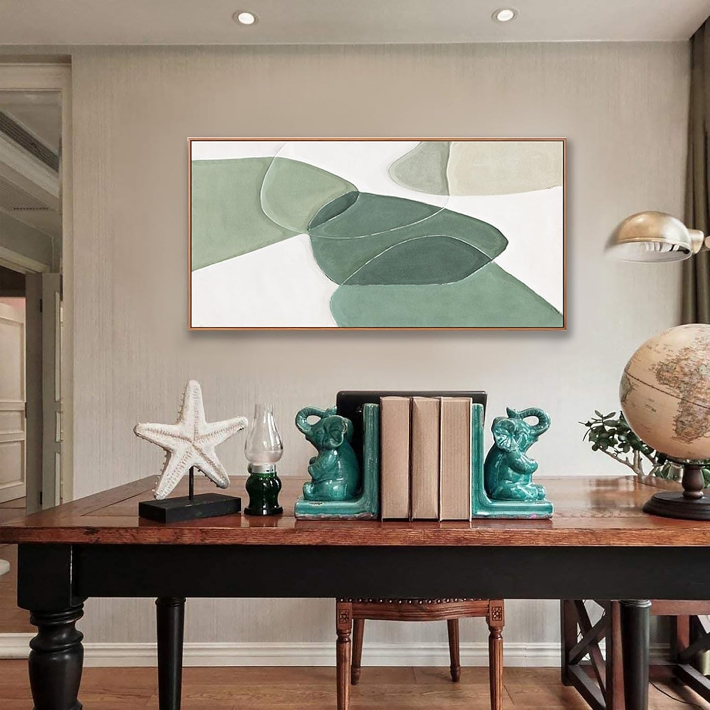 Framed Wall Art Canvas Artwork Green And White Geometric Color Block Line Art Canvas Paintings Wall Decor Modern Home Bedroom Art Office Decor 20"X 40" Framed Ready To Hang