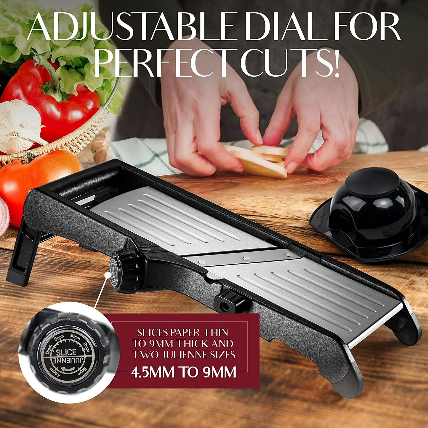 Gramercy Adjustable Mandoline Slicer for Kitchen, Potato Cutter, Vegetable Chopper, Mandolin, Cucumber Slicer- INCLUDING one Pair Cut-Resistant Gloves and Waffle Fry Cutter