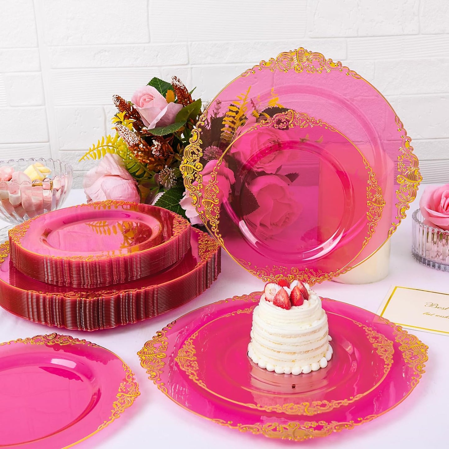 125PCS Hot Pink Plastic Plates - Clear Pink Gold Disposable Plates - Hot Pink Party Plate with Gold Plastic Silverware Set for 25 Guests for Wedding Party Birthday