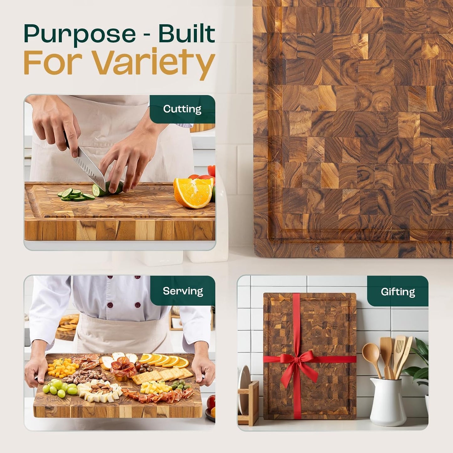 Yes4All Durable Teak Cutting Boards for Kitchen, [24''Lx18''Wx1.5” Thick] Extra Large End Grain Cutting Board, Pre Oiled Wood Cutting Boards, Thick Chopping Board w/Juice Grooves and Easy Grip Handle