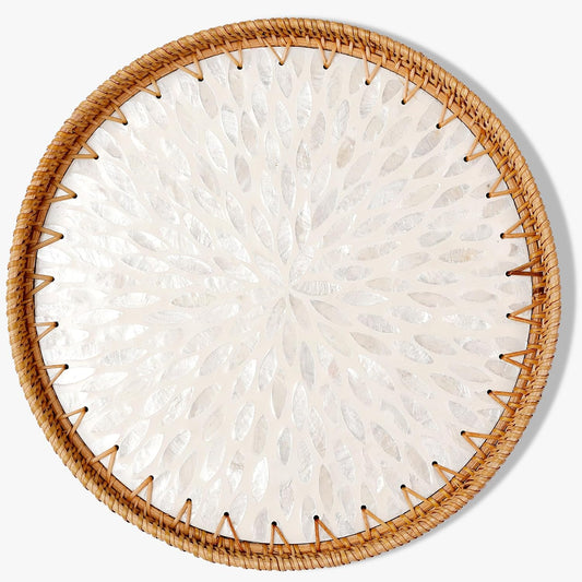 Round Rattan Tray with Mother of Pearl Inlay & Wooden Base - Decorative Wicker Serving Tray for Coffee/Bread/Fruits, Food Storage & Display - Multipurpose Home Decor (L,White Leaves)