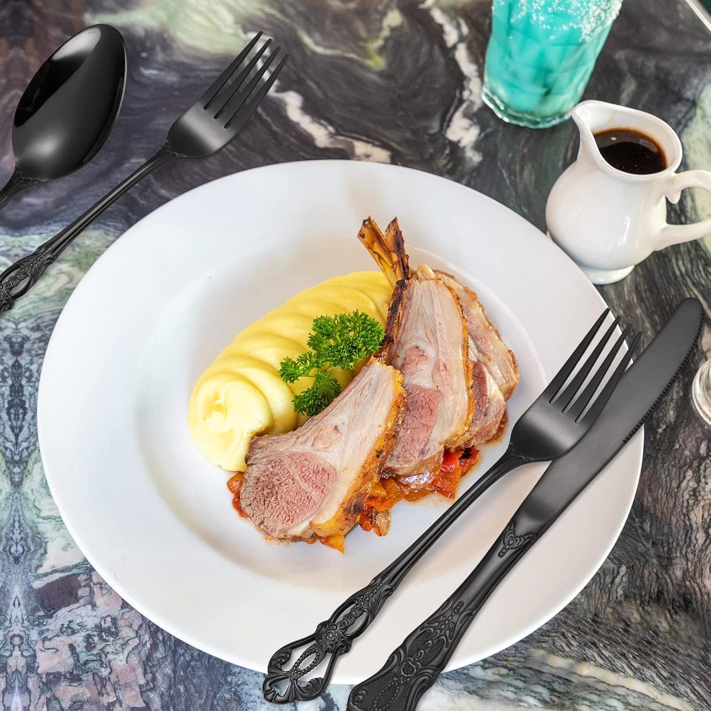 Black Silverware Royal Flatware Set for 4 Stainless Steel Cutlery Retro Antique Kitchen Utenisl with Flower Design Handle for Resturant Home Festival Parties