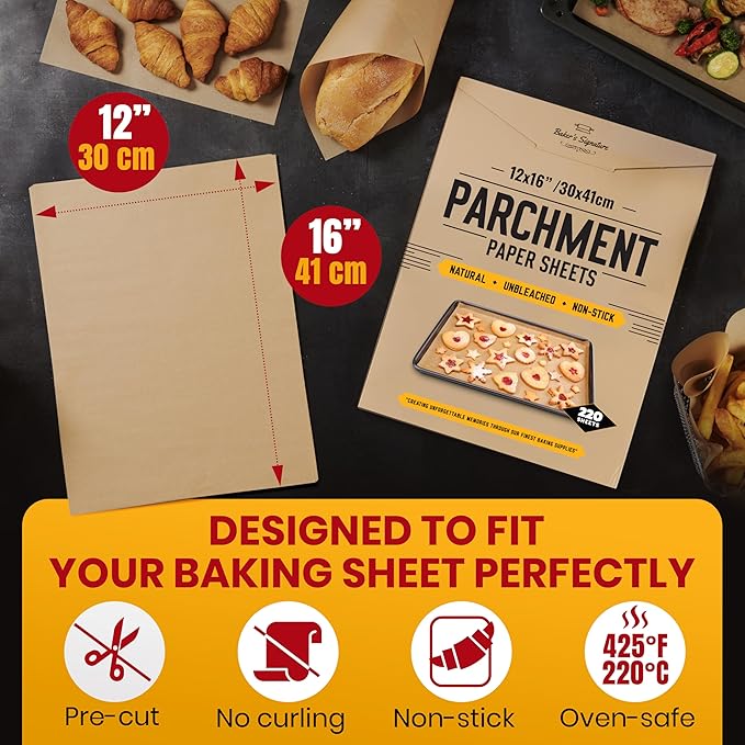 220 PCS Parchment Paper Baking Sheets, 12x16 Inches by Baker's Signature | Precut Non-Stick & Unbleached - Will Not Curl or Burn, Non-Toxic & Comes in Convenient Packaging