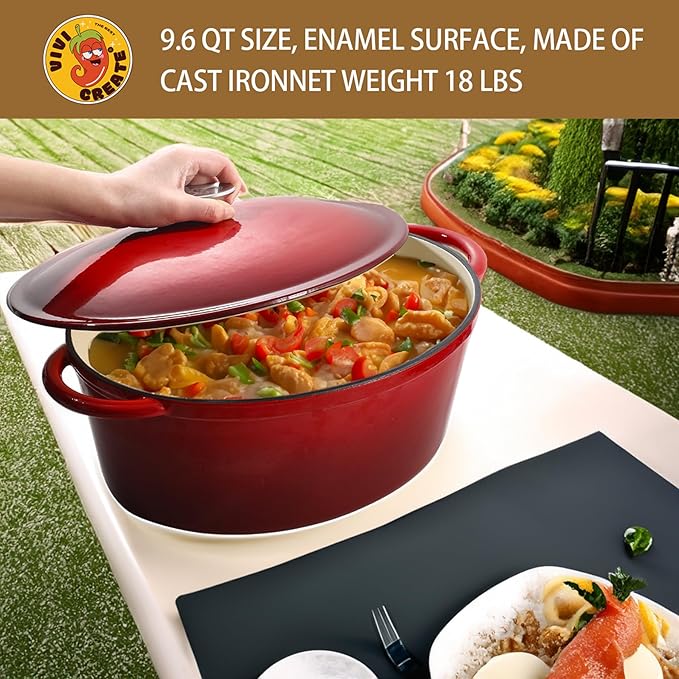 Vivicreate 9.6 QT enamel cast iron dutch oven, red gradient color,cast iron pot (9.6 QT)