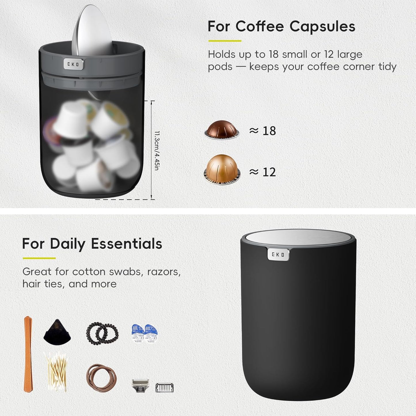 EKO Fandy 0.58 Gal/2.2L Mini Trash Can with Lid, Swing-Top Desktop Trash Can for Bathroom, Countertop, Vanity, Desk or Office, Small Garbage Bin (Black)