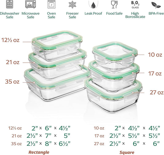 Fusion Gourmet Glass Meal Prep Containers with Lids [6 Pack] Storage Containers, Leak proof, Airtight Locking Lids, Microwave, Oven, Freezer & Dishwasher Safe