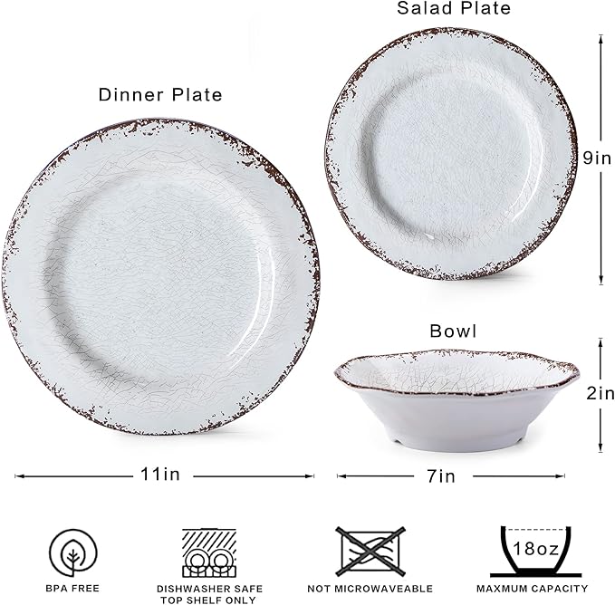 LEHAHA Vintage White Melamine Dinnerware set-12 Piece Lightweight Unbreakable Outdoor Camper Plates/Dishes and Bowls Set, Service for 4, Dishwasher Safe…