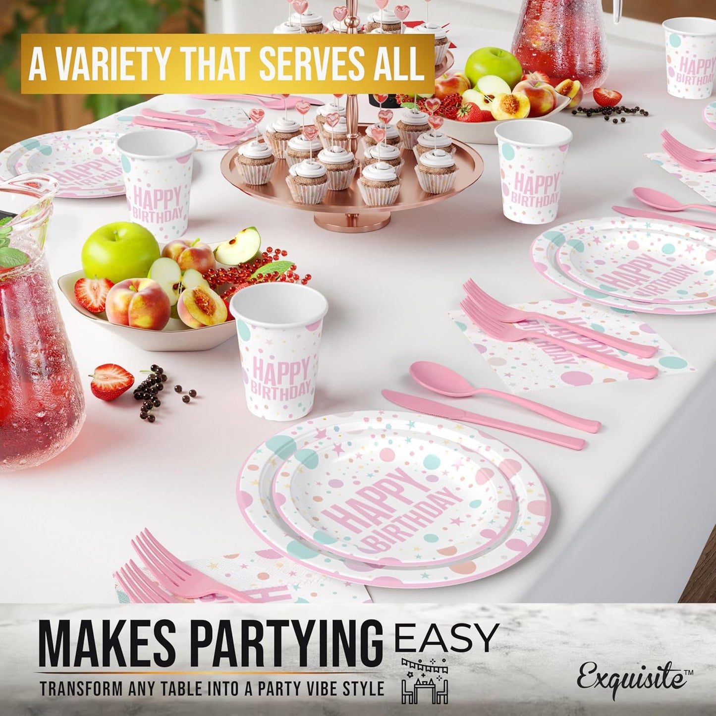 Exquisite 350 Pieces Happy Birthday Plates and Napkins Set, Paper Plates for Party Supplies, 50 Of Each 9" Dinner, 7" Dessert, Cups, Napkins & Cutlery Plastic Dinnerware Set Blue Birthday Decorations